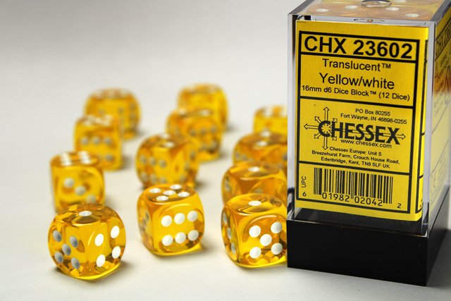 Translucent Yellow/White 16mm D6 (12 Dice)