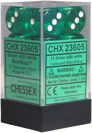 Translucent Green/White 16mm D6 Dice Block (12d6)
