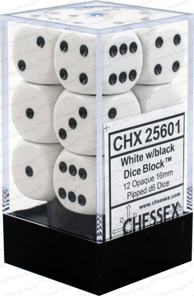 Opaque White/Black 16mm D6 (12 Dice)