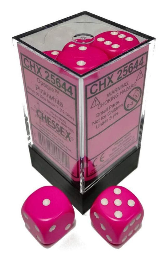 Opaque Pink/White 16mm D6 (12 Dice)