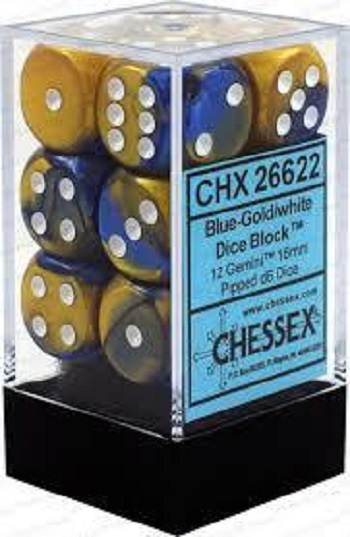 Gemini Blue-Gold/White (D6 Dice Block of 12)