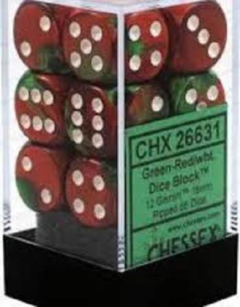 Gemini Green-Red/White (D6 Dice Block of 12)