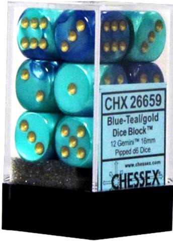 Gemini Blue-Teal/Gold (D6 Dice Block of 12)