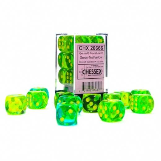 Gemini Translucent Green-Teal/Yellow (D6 Dice Block of 12)