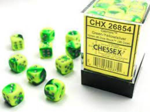 Gemini Green-Yellow/Silver (12mm D6 Block of 36 Dice)