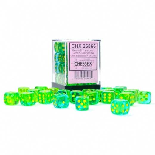 Gemini Translucent Green-Teal/Yellow (D6 Dice Block of 36)