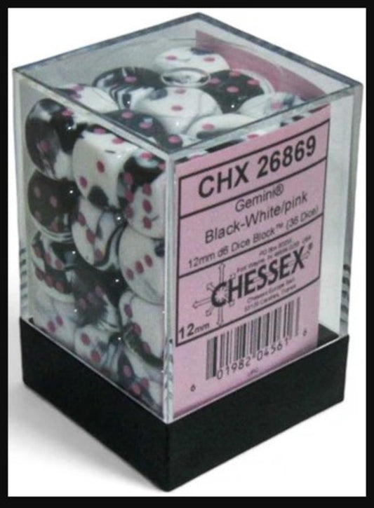 Gemini Black-White/Pink 12mm D6 (36 Dice)
