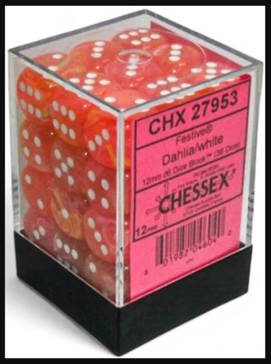 Festive Dahlia/White 12mm D6 (36 Dice)