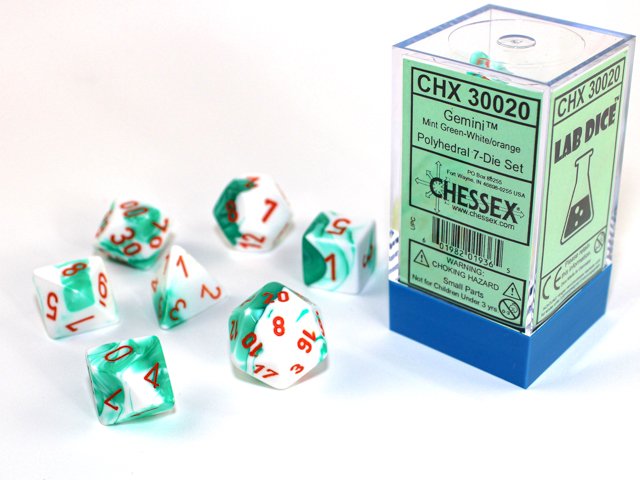 Gemini Mint Green-White/ Orange Polyhedral Dice Set